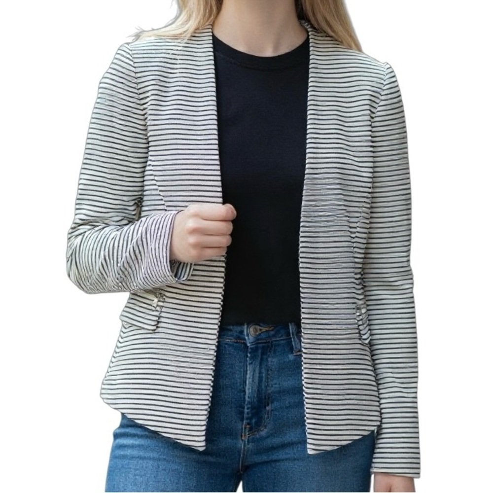 Tahari Arthur‎ Levine Open Blazer Black White Stripes Women’s 6 Lined Classic